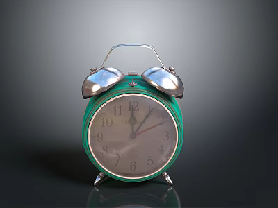 Vintage Green Alarm Clock With Silver Bells Round Dial And Dark Background Reflection 3d model