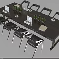 Modern Dark Wood Conference Table With Laptops Potted Plants Coffee Cups And Chairs