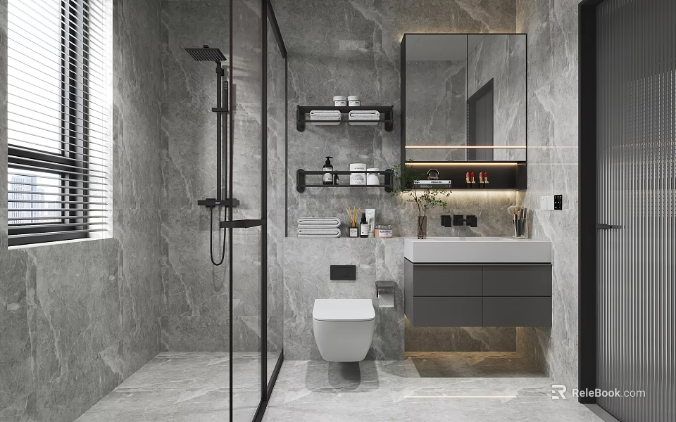 Modern Bathroom Interior Design With Gray Marble Walls Glass Shower White Toilet And Gray Vanity 3d model 