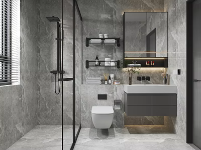 Modern Bathroom Interior Design With Gray Marble Walls Glass Shower White Toilet And Gray Vanity 3d model