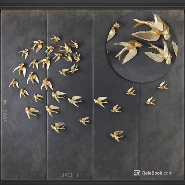 Golden Metal Swallow Animal Wall Decor For Modern Home Black Wall 3d model 