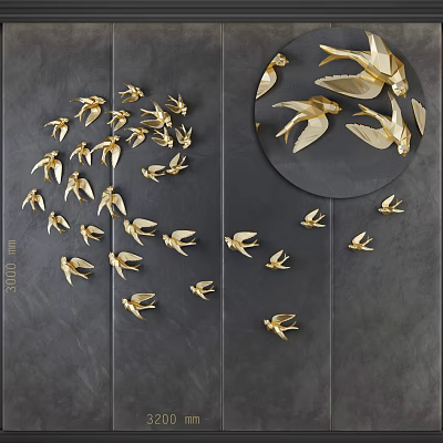 Golden Metal Swallow Animal Wall Decor For Modern Home Black Wall 3d model