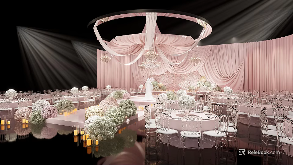 Elegant Pink Ceiling Drapery In Wedding Banquet Hall With Floral Decor Chandeliers And Tables 3d model 
