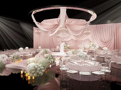 Elegant Pink Ceiling Drapery In Wedding Banquet Hall With Floral Decor Chandeliers And Tables 3d model