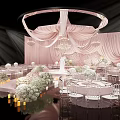 Elegant Pink Ceiling Drapery In Wedding Banquet Hall With Floral Decor Chandeliers And Tables