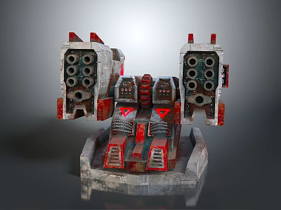 Twin Multi Barrel Weapon With Red And White Mechanical Symmetrical Turret Base 3d model