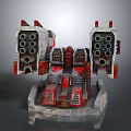 Twin Multi Barrel Weapon With Red And White Mechanical Symmetrical Turret Base 3d model