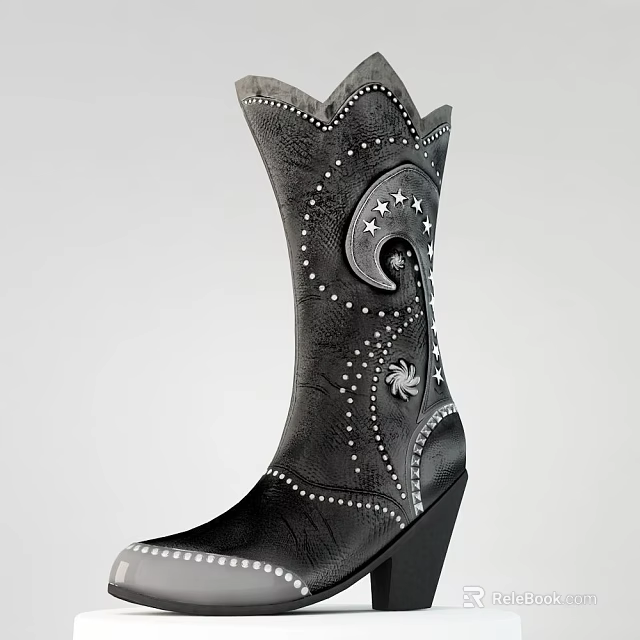Black Leather Cowboy Boots With High Shaft Stars Spiral Design And Pearl Studs 3d model 