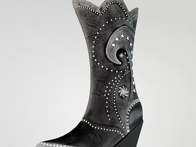 Black Leather Cowboy Boots With High Shaft Stars Spiral Design And Pearl Studs 3d model