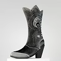 Black Leather Cowboy Boots With High Shaft Stars Spiral Design And Pearl Studs