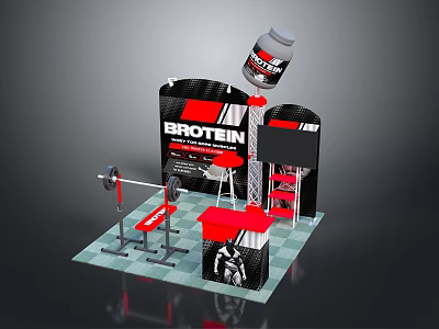 Fitness Exhibition Booth Design With BROTEIN Sign Barbell And Red Cabinets 3d model
