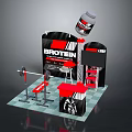 Fitness Exhibition Booth Design With BROTEIN Sign Barbell And Red Cabinets