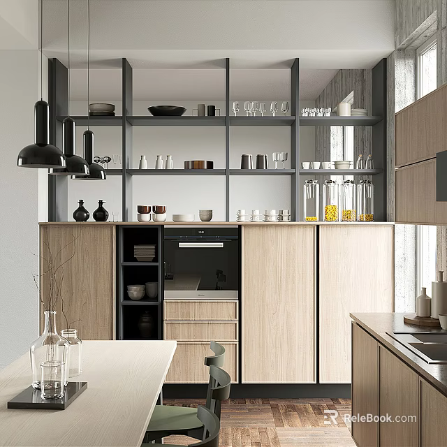 Modern Kitchen With Wooden Cabinets Open Shelves Dishes Glasses Oven Pendant Lights And Dining Table 3d model 