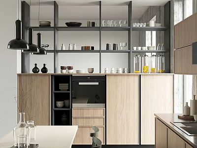 Modern Kitchen With Wooden Cabinets Open Shelves Dishes Glasses Oven Pendant Lights And Dining Table 3d model