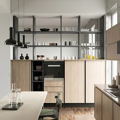Modern Kitchen With Wooden Cabinets Open Shelves Dishes Glasses Oven Pendant Lights And Dining Table 3d model