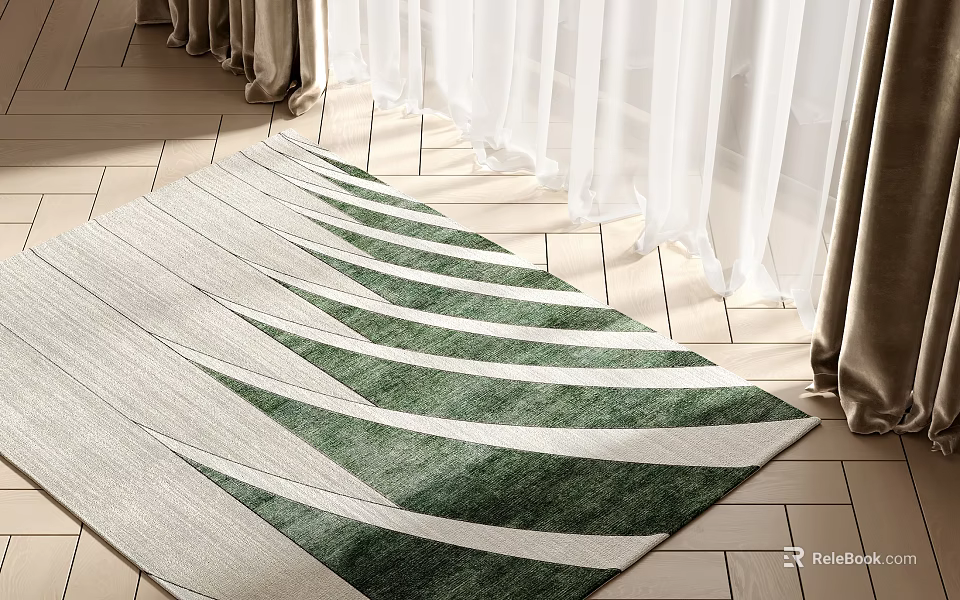 Square Rug With Green And White Stripes On Tile Floor 3d model 
