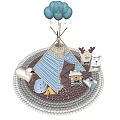 Striped Teepee Tent Setup With Light Blue Balloons Animal Plush Toys And Round Mat