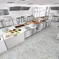 Commercial Catering Kitchen With White Cabinets Worktables Food Ingredients Stone Flooring And Ceiling Vents