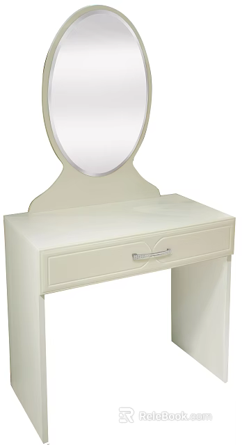 Elegant White Dressing Table with Round Mirror and Single Drawer Featuring Silver Handle 3d model 