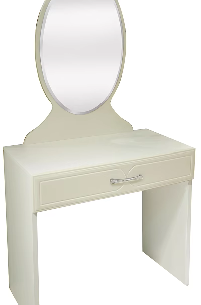 Elegant White Dressing Table with Round Mirror and Single Drawer Featuring Silver Handle 3d model