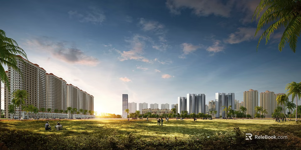 Modern Residential Buildings With Green Grassland Trees And People Walking Under Sunset Sky 3d model 