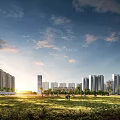 Modern Residential Buildings With Green Grassland Trees And People Walking Under Sunset Sky