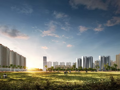 Modern Residential Buildings With Green Grassland Trees And People Walking Under Sunset Sky 3d model