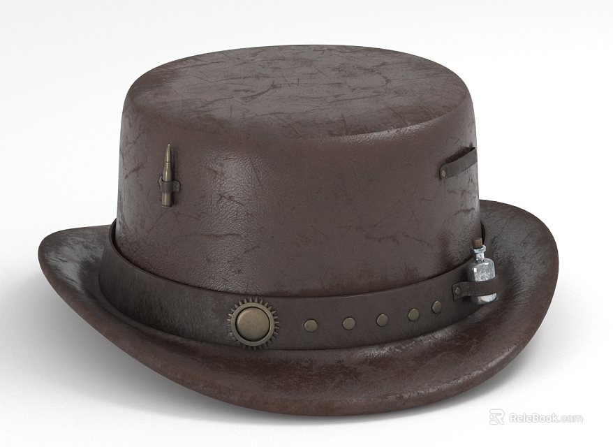 Brown Leather Vintage Style Top Hat With Decorative Buckle And Accents 3d model 