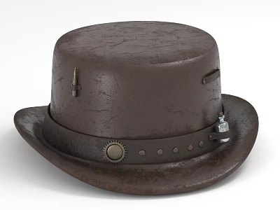 Brown Leather Vintage Style Top Hat With Decorative Buckle And Accents 3d model