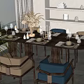Modern Oval Wooden Dining Table Set With Blue Beige Chairs Candles And Tableware