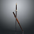 Medieval Sword With Brown Scabbard Gold Decorated Hilt And Silver Blade Against Gray Background