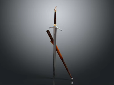 Medieval Sword With Brown Scabbard Gold Decorated Hilt And Silver Blade Against Gray Background 3d model