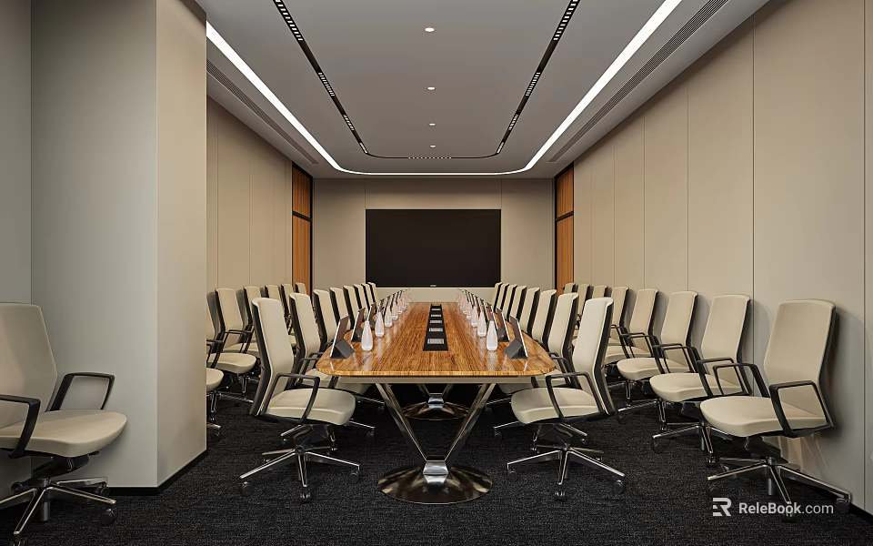Modern Conference Room Interior With Long Wooden Table Multiple Chairs Projector Screen And Ceiling Lighting 3d model 