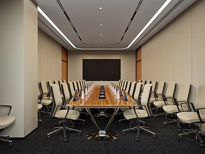 Modern Conference Room Interior With Long Wooden Table Multiple Chairs Projector Screen And Ceiling Lighting 3d model