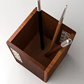 Wooden Pen Holder With Geometric Cutout Design And Multiple Writing Pens