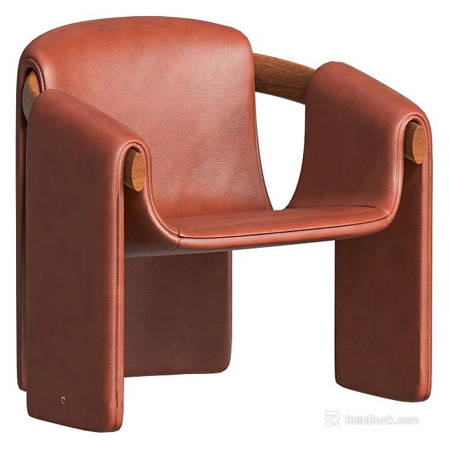 Brown Leather Leisure Chair With Modern Design And Wooden Armrests 3d model 