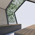 Modern Hexagonal Shade Canopy With Wooden Slatted Panels Green Vines And Bench Seats