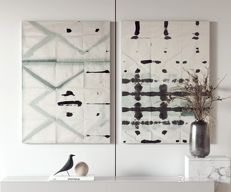 Abstract Wall Art In Room Featuring Decor Elements Like Bird Figurine 3d model