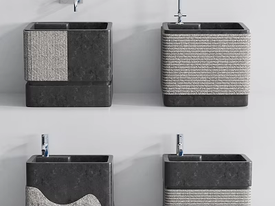 Daily Washing Square Washbasins with Woven Texture Gray Beige Design on White Wall with Faucets 3d model