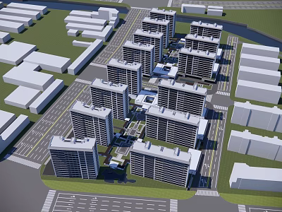 Modern Urban Residential Complex Aerial View With High Rise Buildings Roads And Green Spaces 3d model