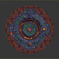 Cartoon Scene Featuring Circular Structure With Flaming Lava Bricks Green Foliage And Yellow Torches