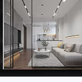 Modern Living Dining Room Interior With Gray Sofa TV Wall Marble Open Kitchen And Plants