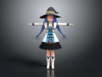 Magical Game Movie Character With Black Wizard Hat Blue Twin Braids White Dress And Boots 3d model