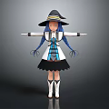 Magical Game Movie Character With Black Wizard Hat Blue Twin Braids White Dress And Boots