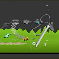 Colorful Cartoon Scene with Green Platform Mechanical Structure and Grass Details