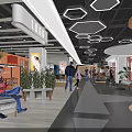 Modern Shopping Mall Interior With People Walking Resting Green Plants Geometric Ceiling Lights And Shops