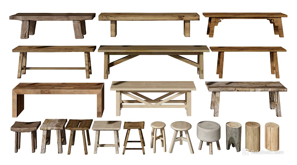 Different Wooden Stools With Various Designs And Styles For Home Decor 3d model