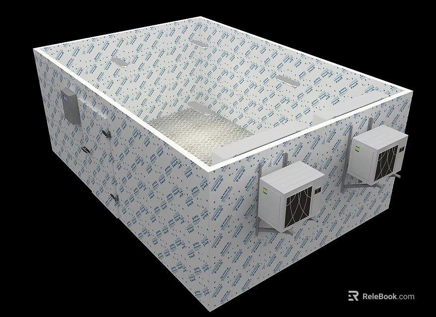 Insulated Storage Container With Blue Patterned Exterior And Two Side Air Conditioning Units 3d model 