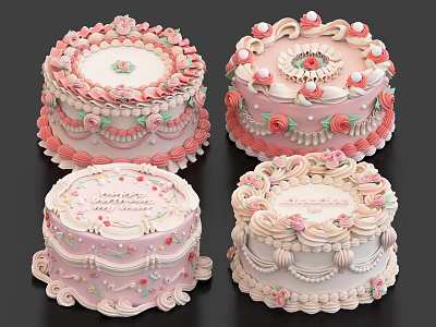 Beautifully Decorated Birthday Cakes With Pink Frosting And Flower Details 3d model