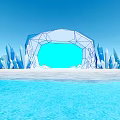 Frozen Ice Sculpted Building With Blue Swimming Pool And White Outdoor Sofas